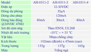 Thông số kỹ thuật đầu báo khói AH0311-2
